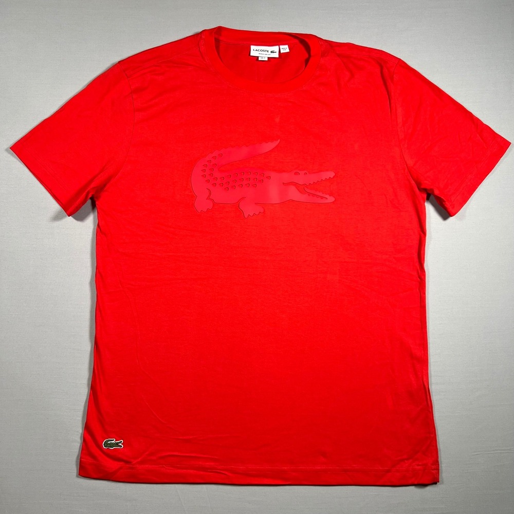 Lacoste Mens Red T-Shirt Large 3D Print Rubber Crocodile Big Logo Cotton